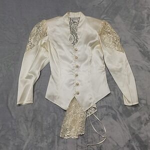Vintage Blondie And Me Shirt Womens M Ivory Satin Lace Corset Back Made In USA